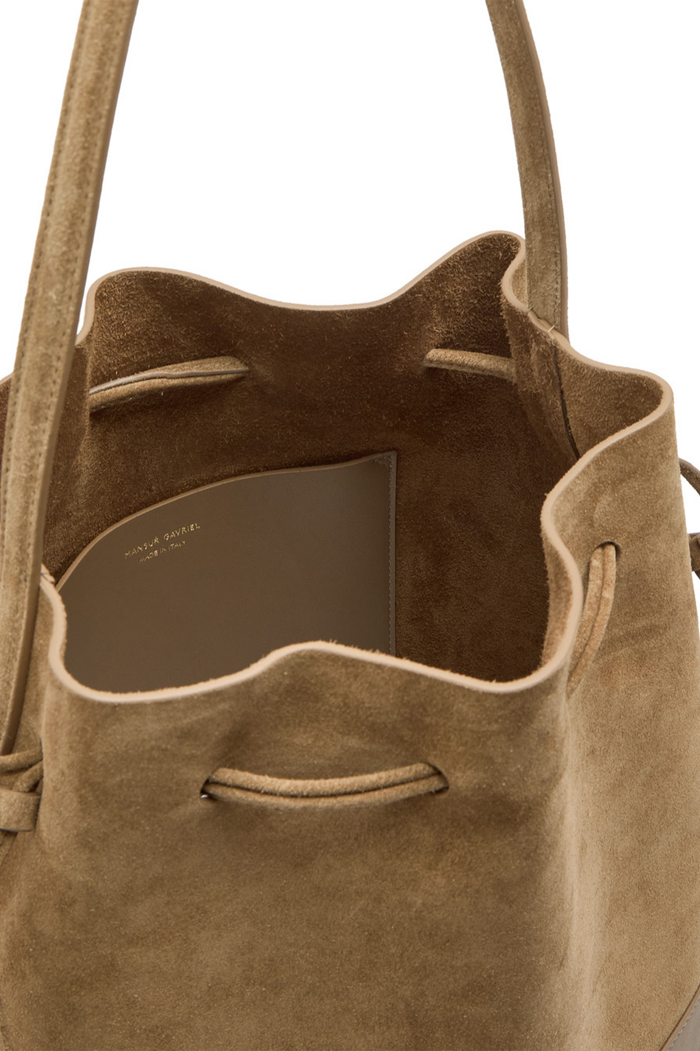 Leather and Suede Drawstring Bucket Bag