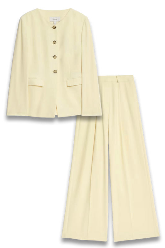 Tailored Collarless Blazer and Woven Pleat Front Wide Leg Trousers