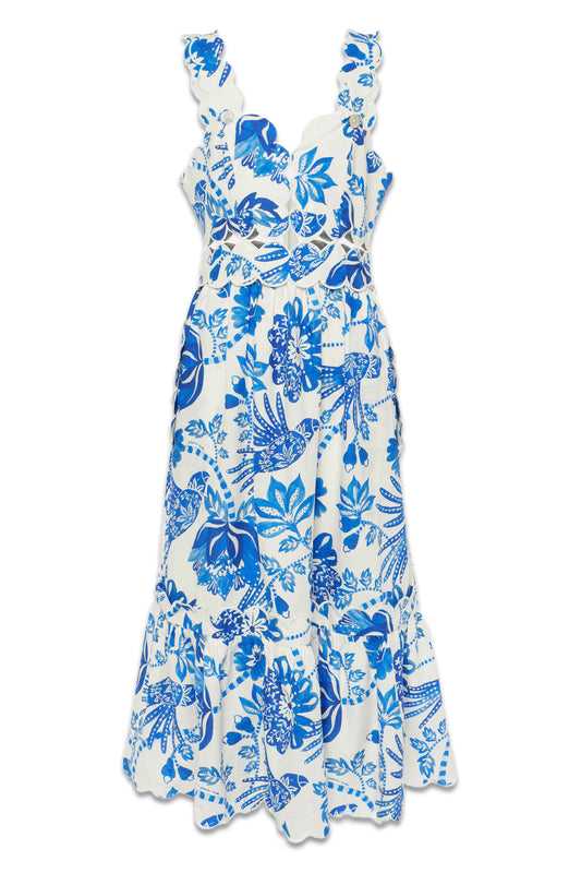 Flowerful Birds Linen-blend Midi Dress