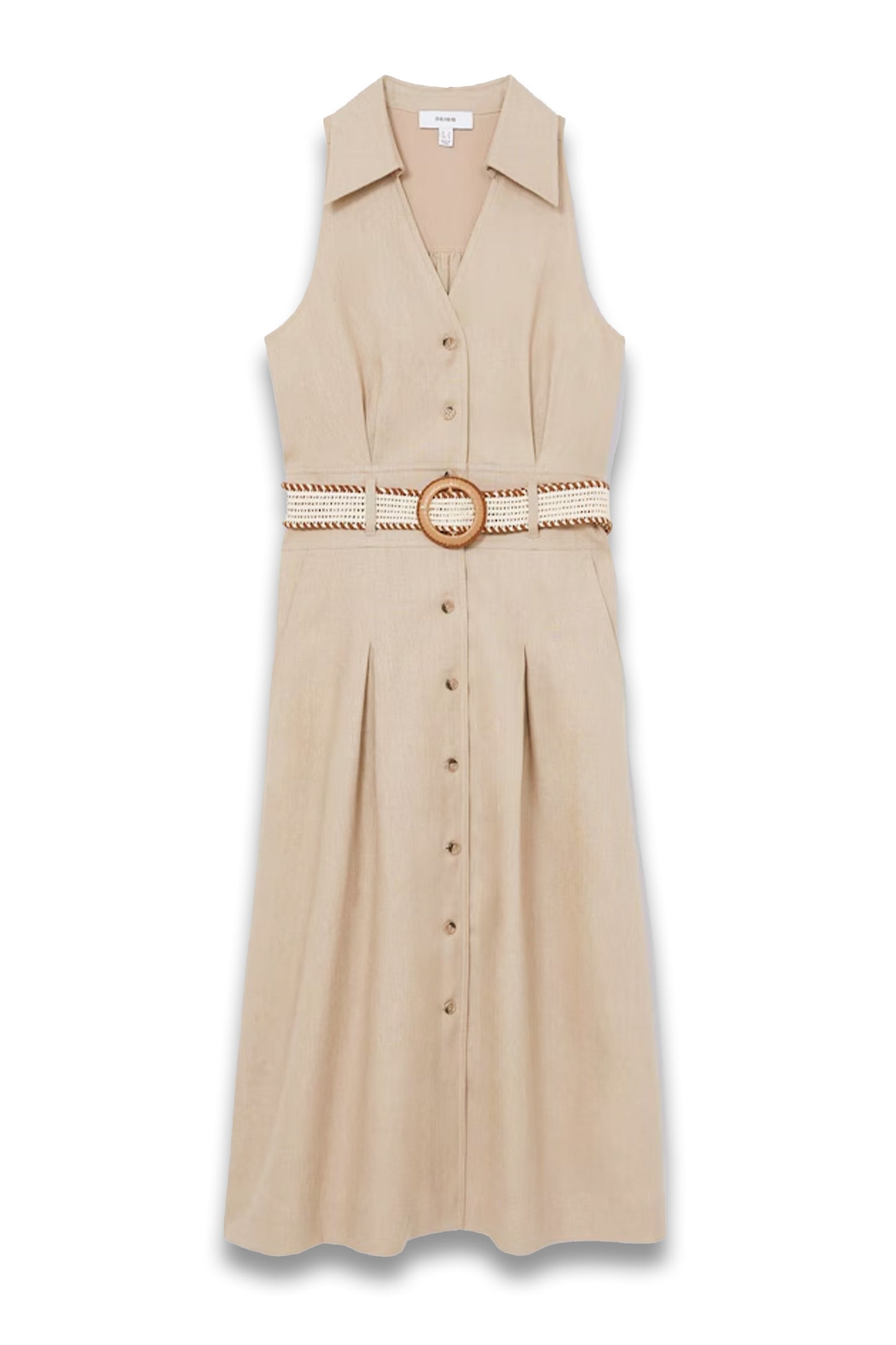 Linen Belted Sleeveless 100% Linen Midi Dress in Neutral