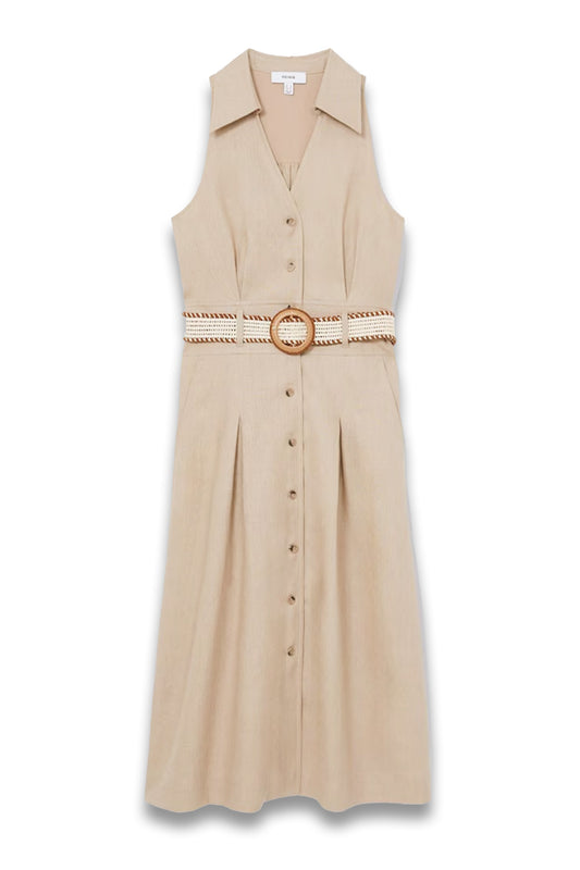 Linen Belted Sleeveless 100% Linen Midi Dress in Neutral