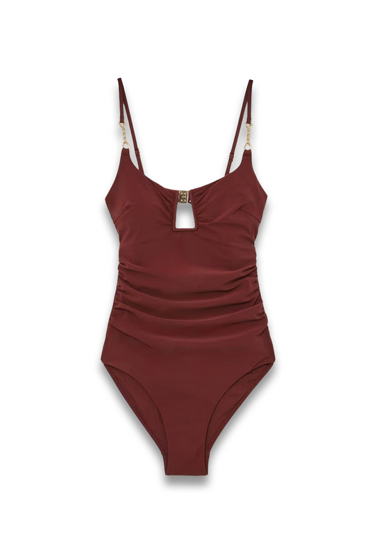 Cut-Out Detail Ruched Swimsuit in Rhubarb Red