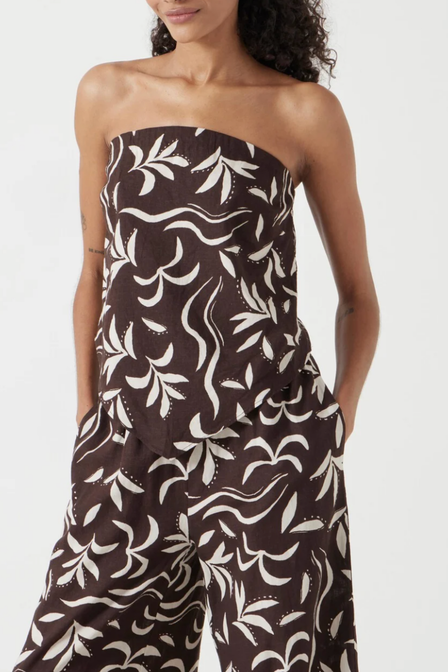 Printed Linen Blend Bandeau Top