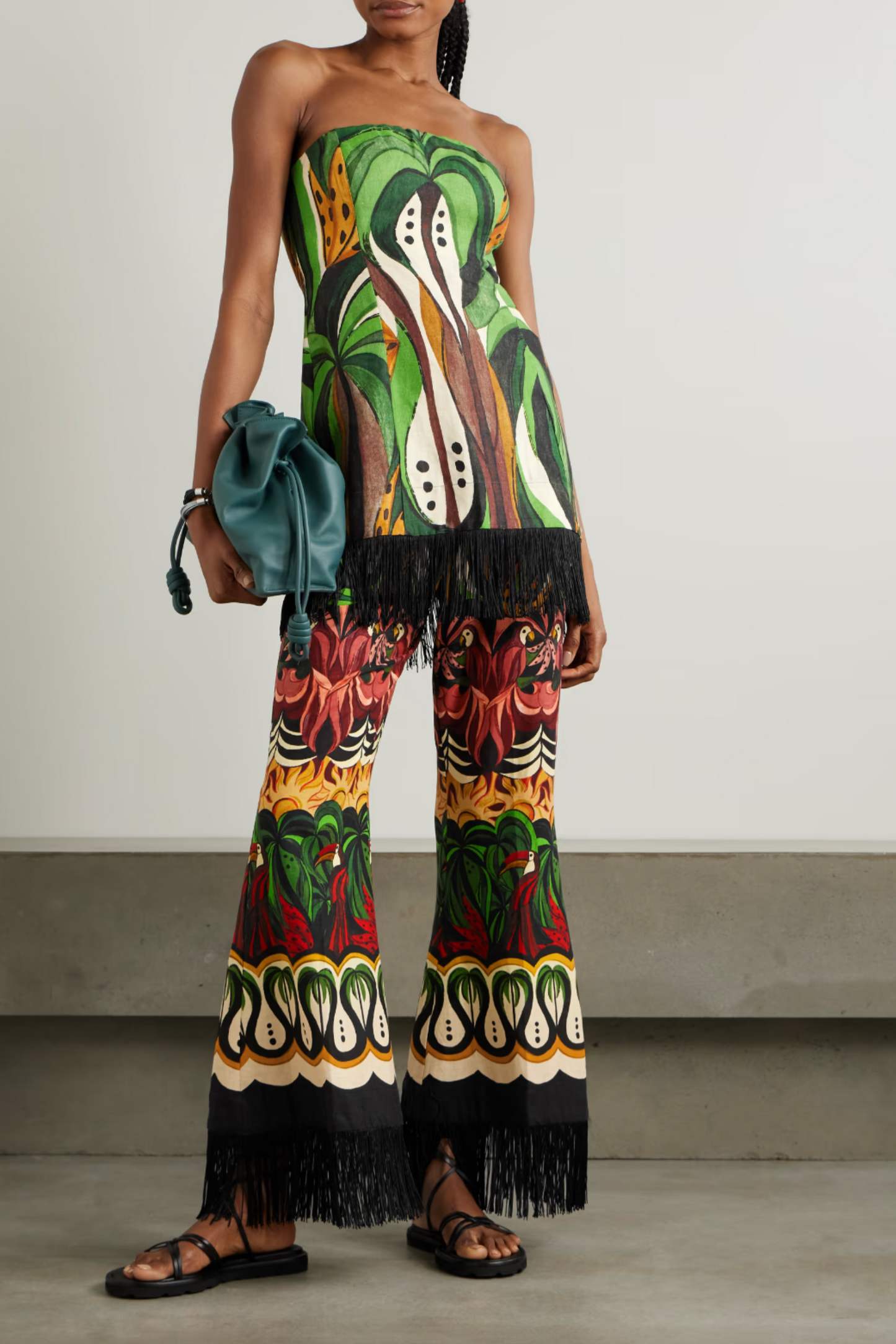 Coconut Tree Flow Printed Fringed Linen-Blend Wide-Leg Pants