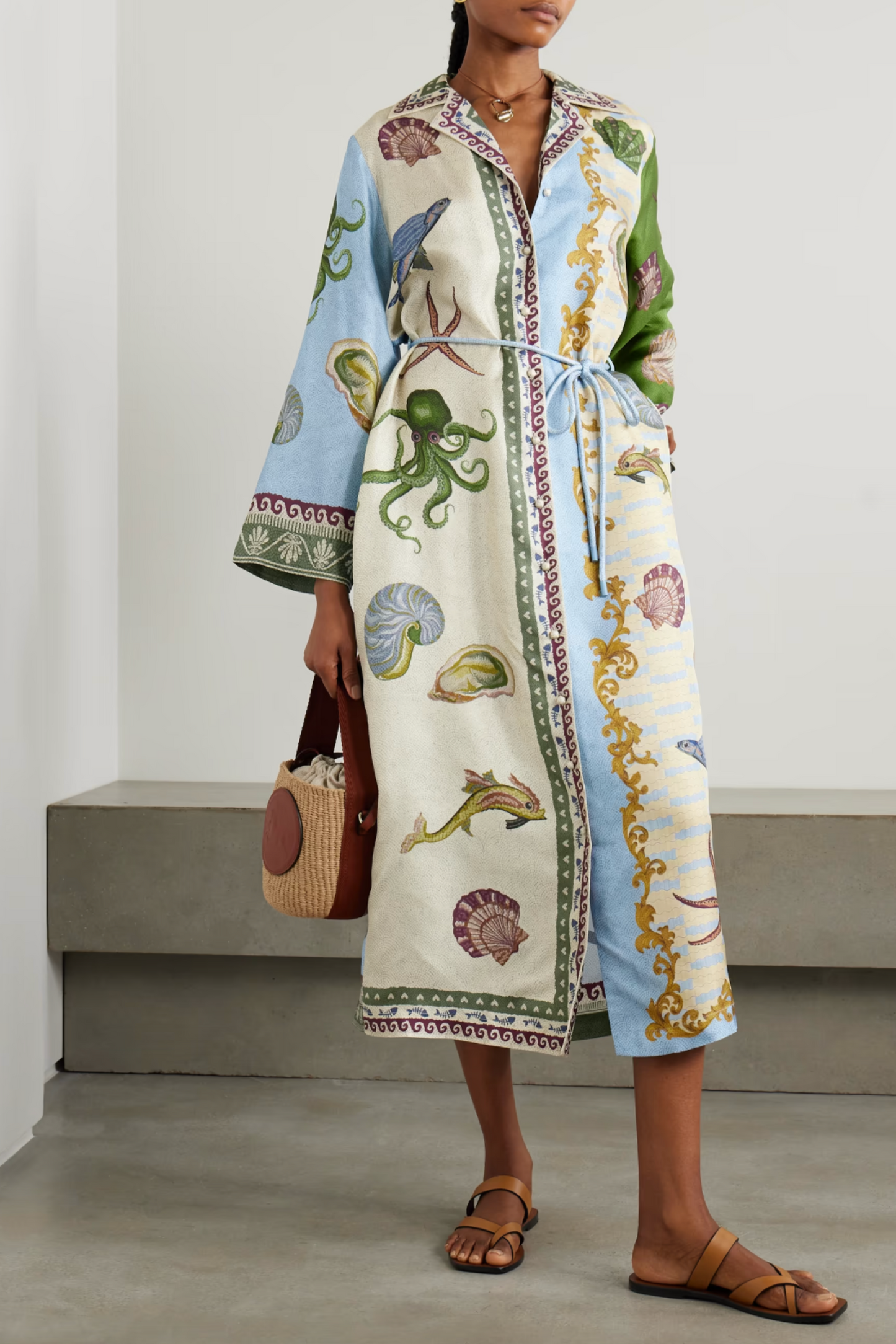 Sam Pauletto Bath House Belted Printed Silk-Twill Midi Shirt Dress