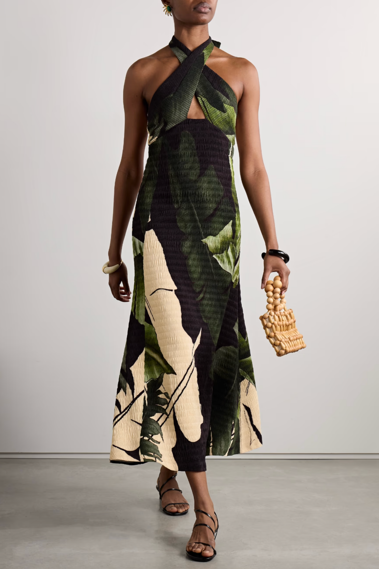 Elegant Expedition Printed Plissé-Satin Halterneck Midi Dress