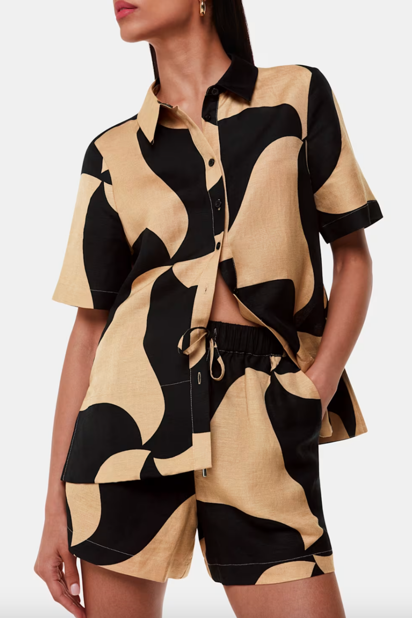 Black Swirl Linen Blend Shirt and Shorts Set