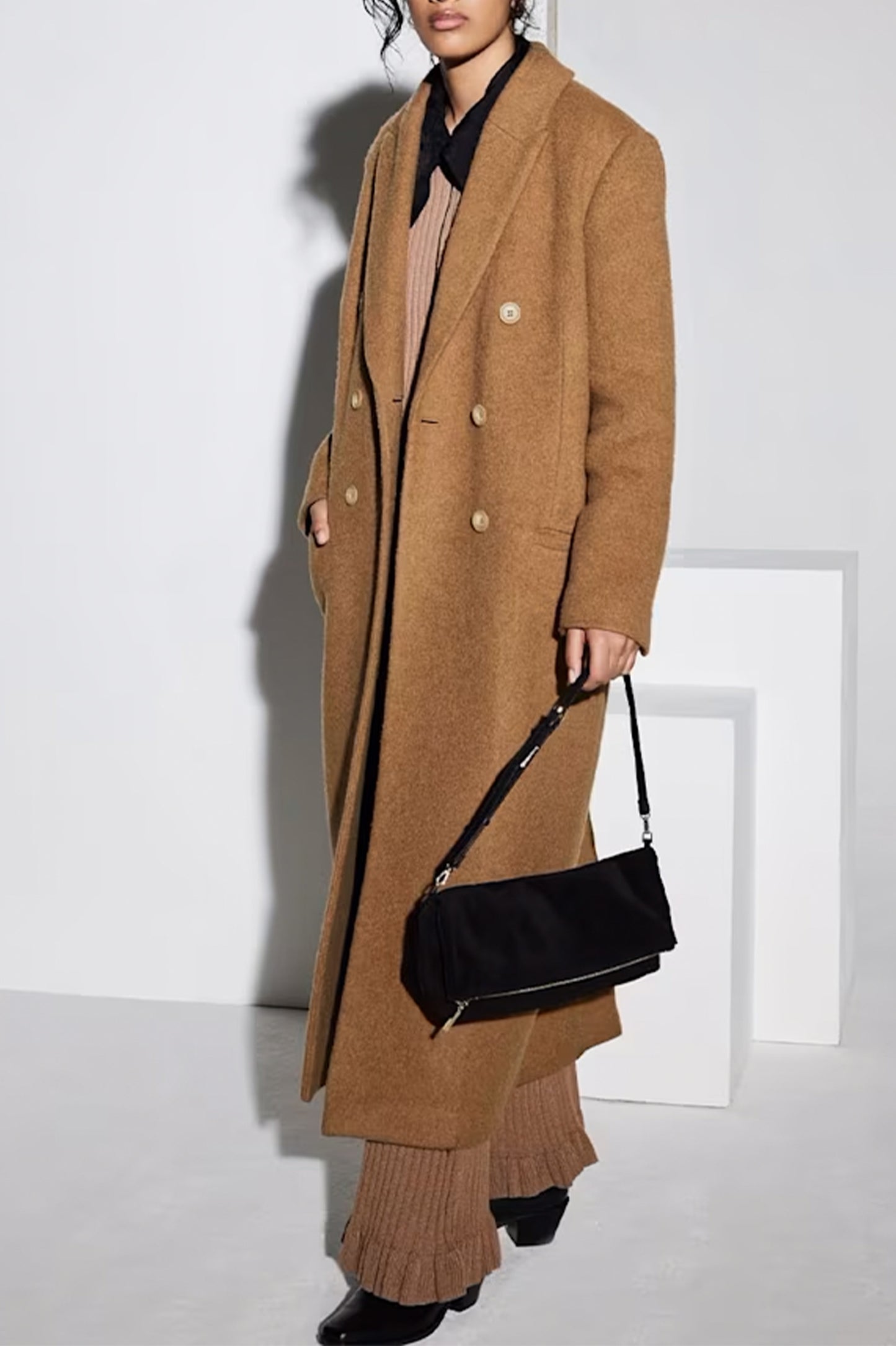 Camel Textured Wool Blend Coat