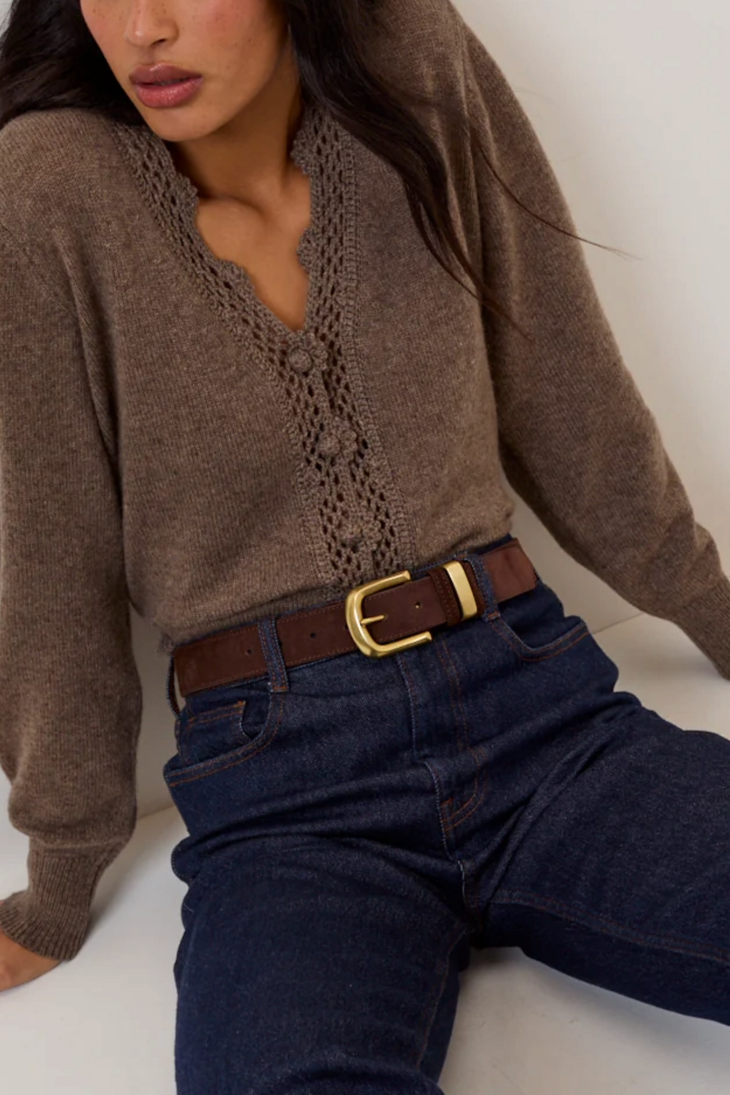 Brown Wool-blend Crochet-trim V-neck Cardigan