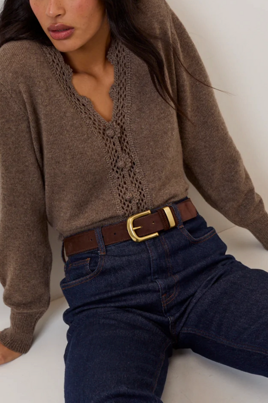 Brown Wool-blend Crochet-trim V-neck Cardigan