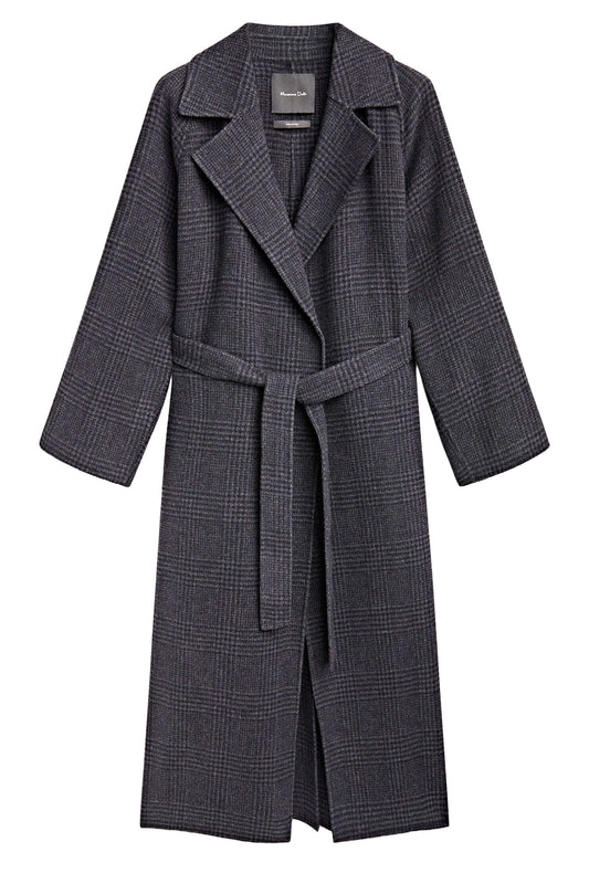 Long Wool Blend Check Robe Coat