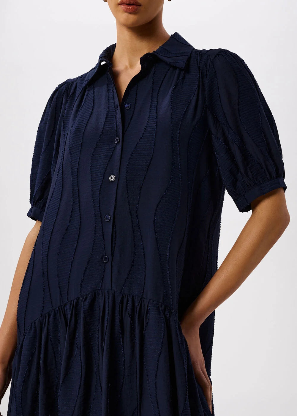 Navy Textured Drop-waist Midi Dress