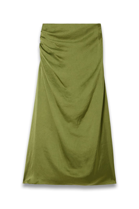 Ruched Satin Midi Skirt