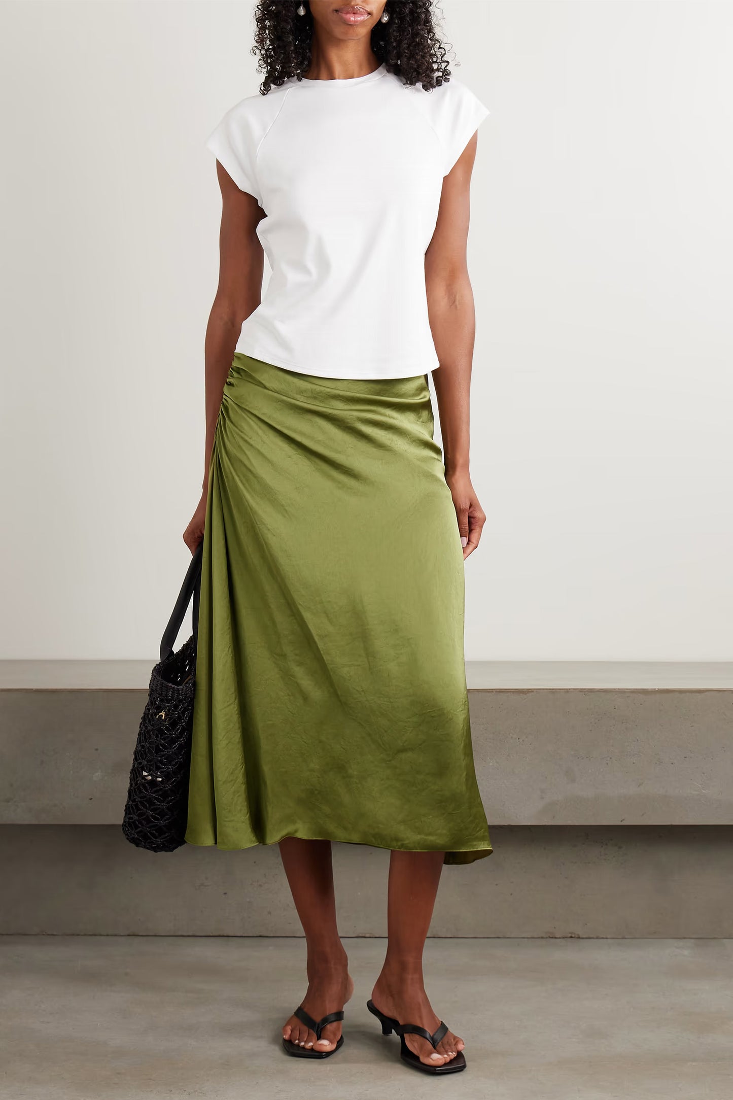 Ruched Satin Midi Skirt