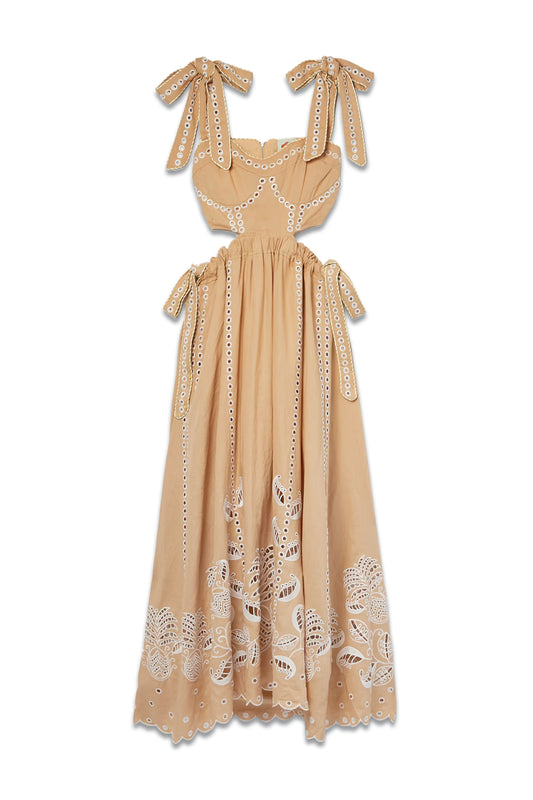 Open-back Scalloped Broderie Anglaise Linen-blend Midi Dress