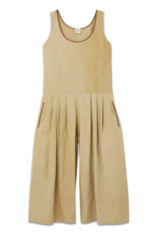 Cropped Pleated Leather-trimmed Linen and Cotton-blend Jumpsuit