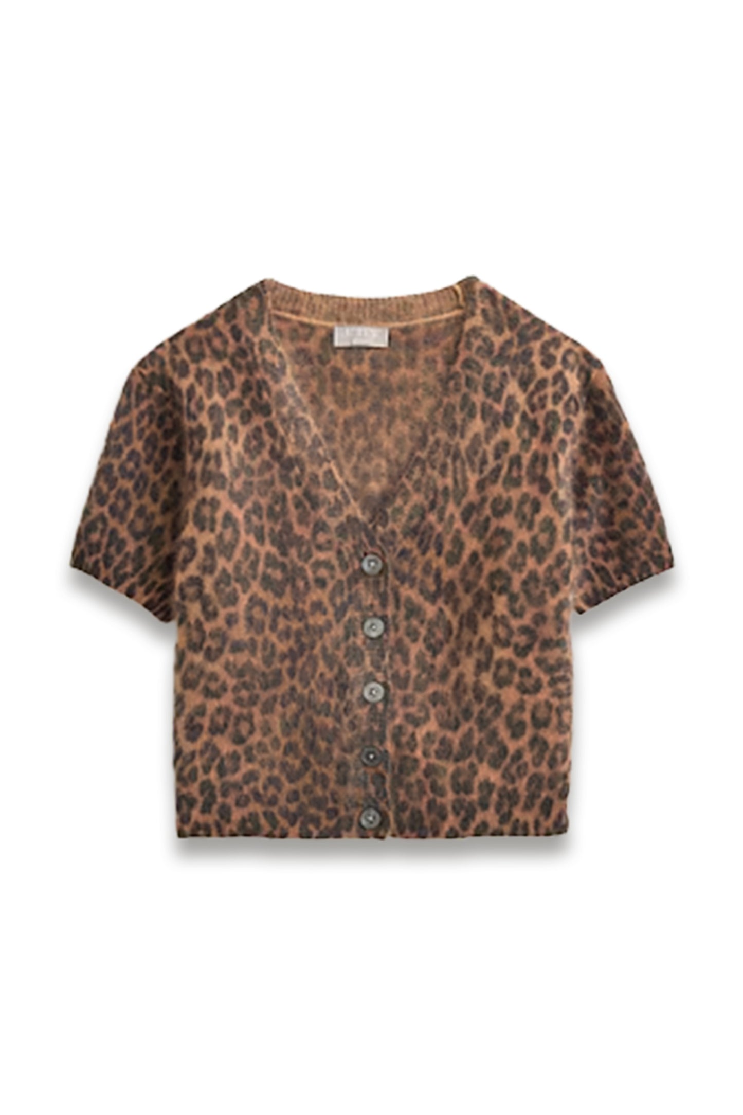 Brushed Cashmere Short-sleeve Cardigan in Leopard Print
