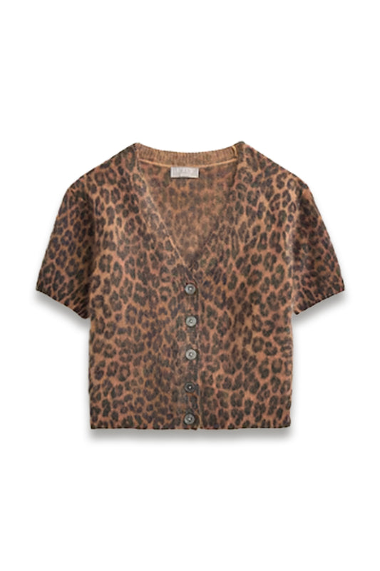 Brushed Cashmere Short-sleeve Cardigan in Leopard Print