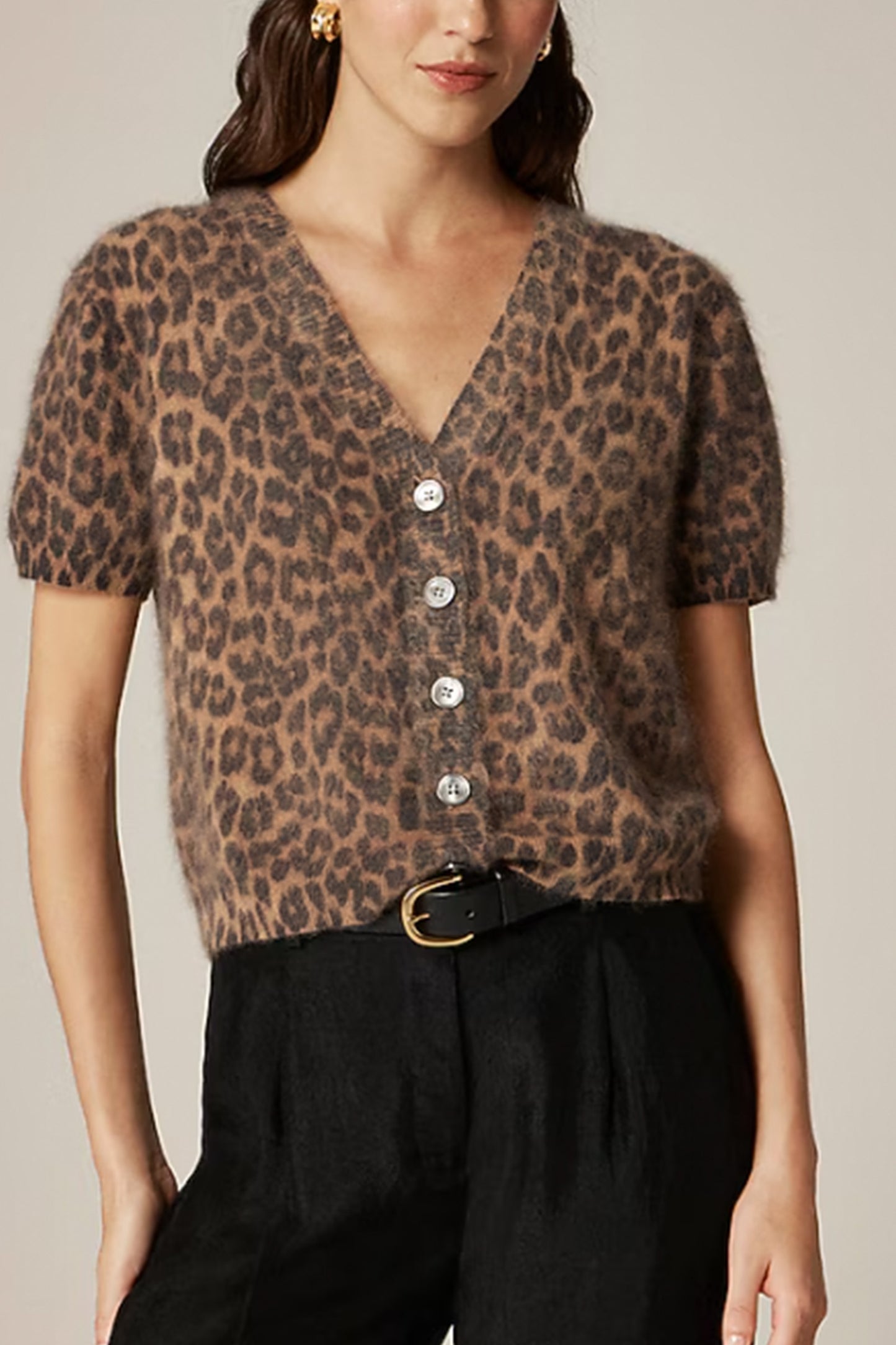 Brushed Cashmere Short-sleeve Cardigan in Leopard Print