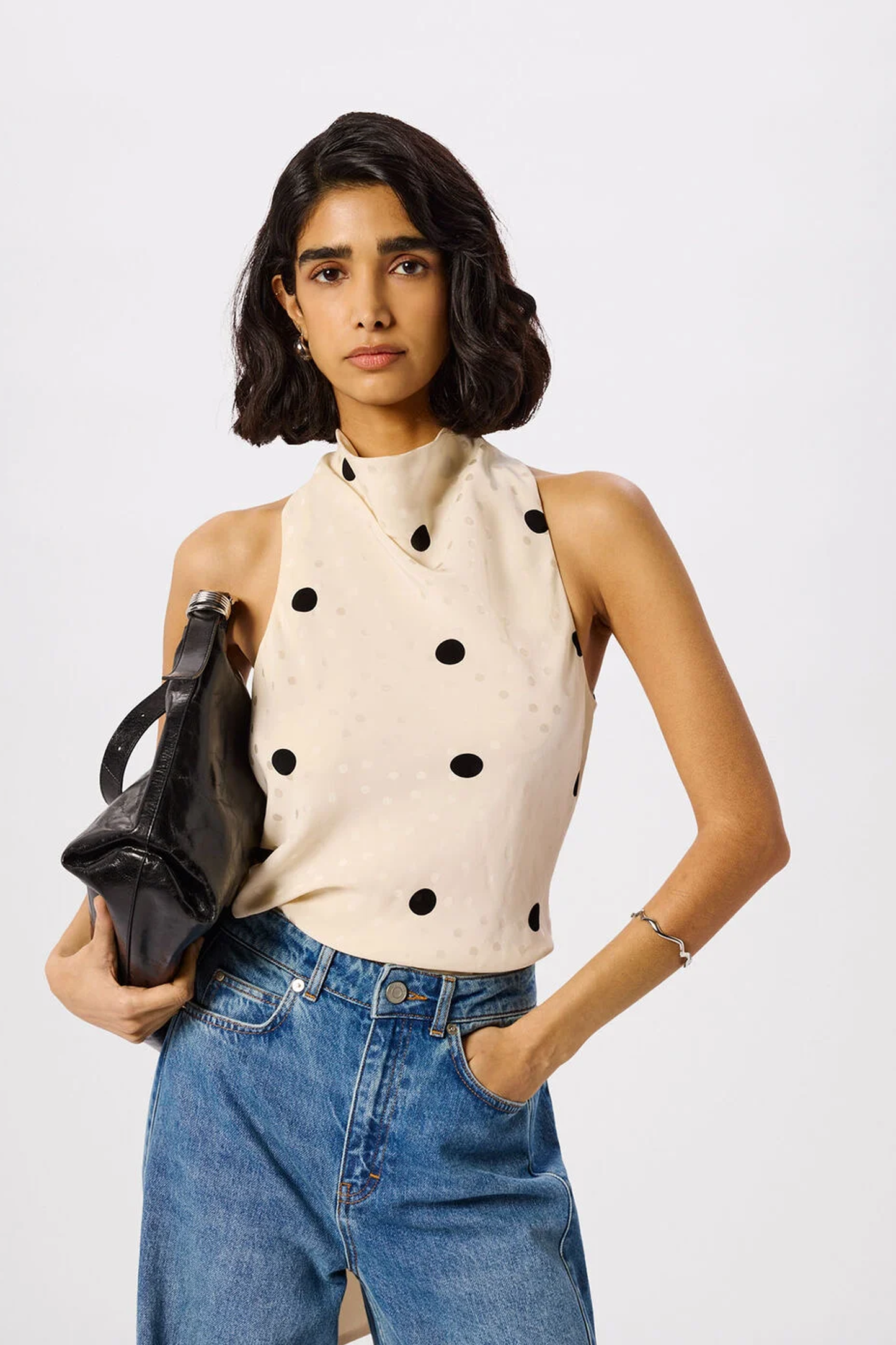 Cream Jacquard Spot Satin Halterneck