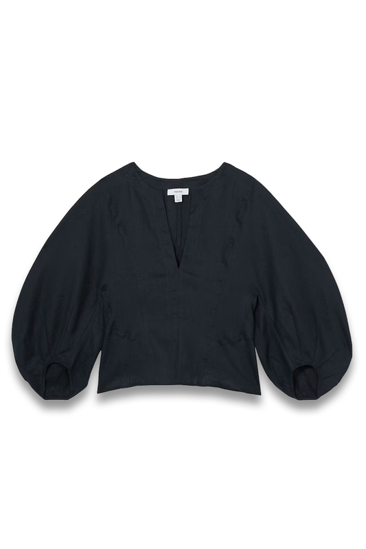 Remi Linen Balloon-Sleeve Top In Navy