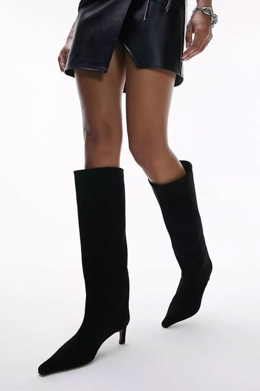 Topshop Tara Premium Suede Mid Heel Pointed Knee Boot In Black Suede