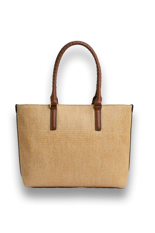 Noelle Raffia Braided Strap Tote Bag in Tan