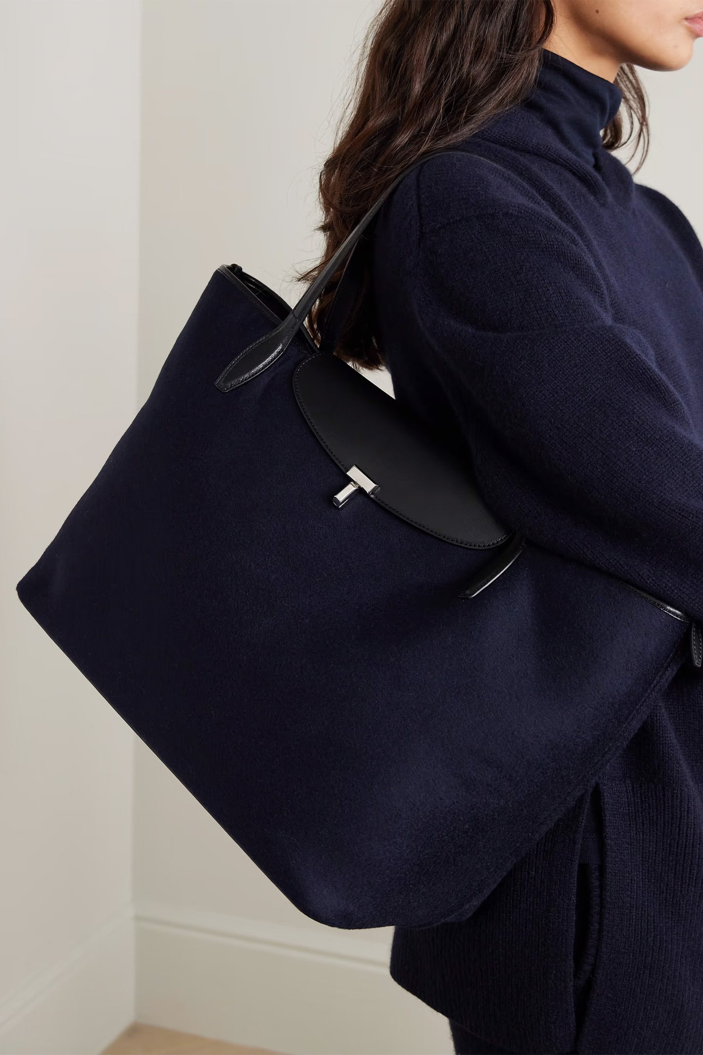 Leather-trimmed wool-flannel tote
