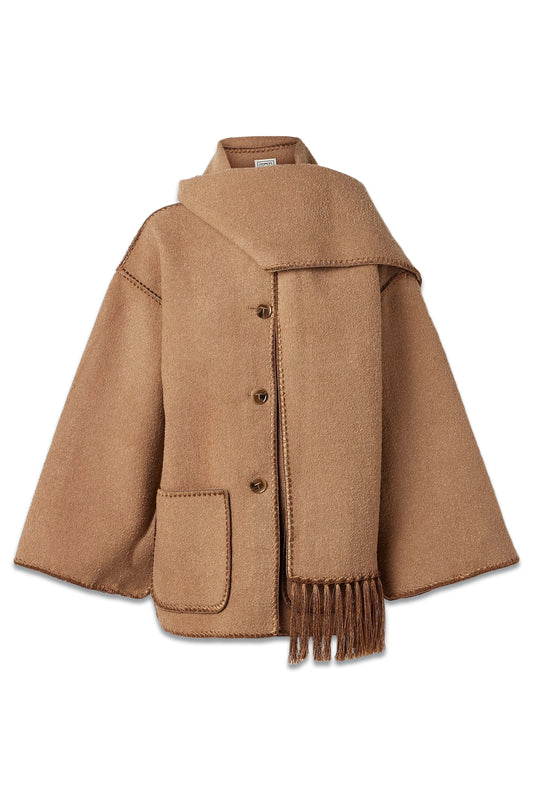 Draped Fringed Wool-blend Bouclé Jacket Camel
