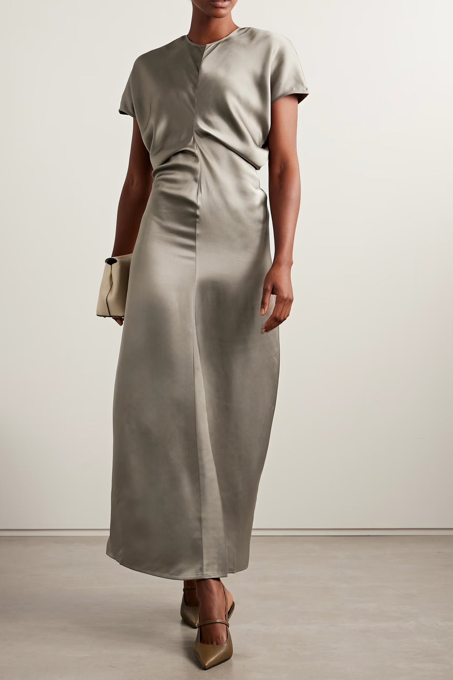 Draped Satin Maxi Dress in Taupe