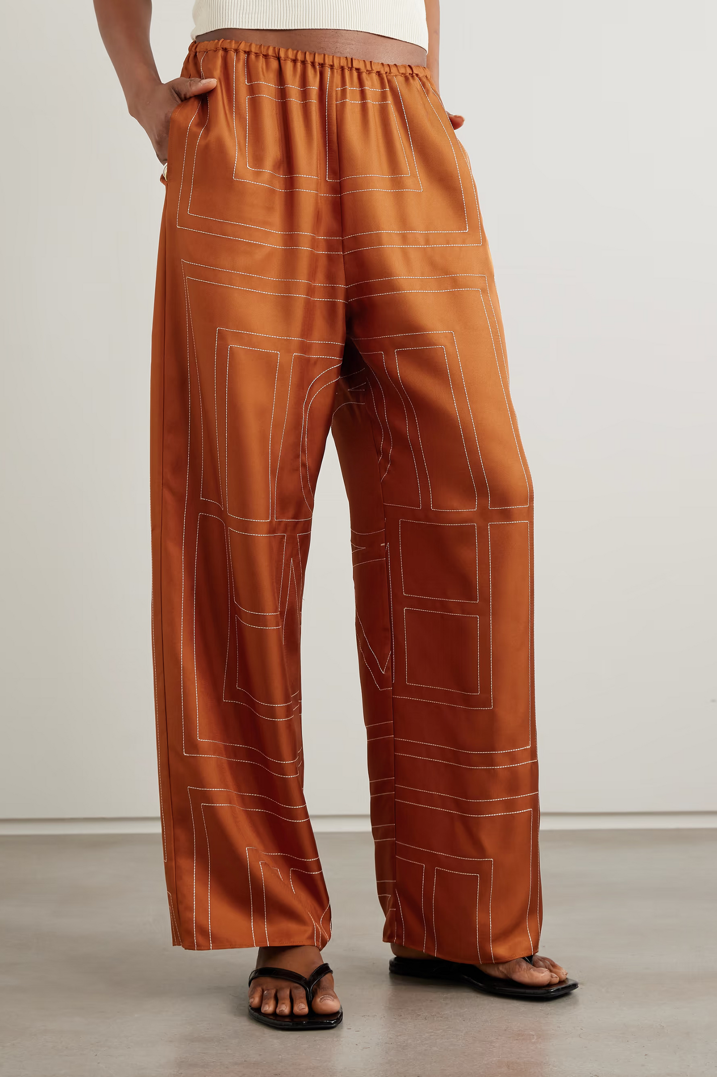 Embroidered Silk-Twill Wide-Leg Pants