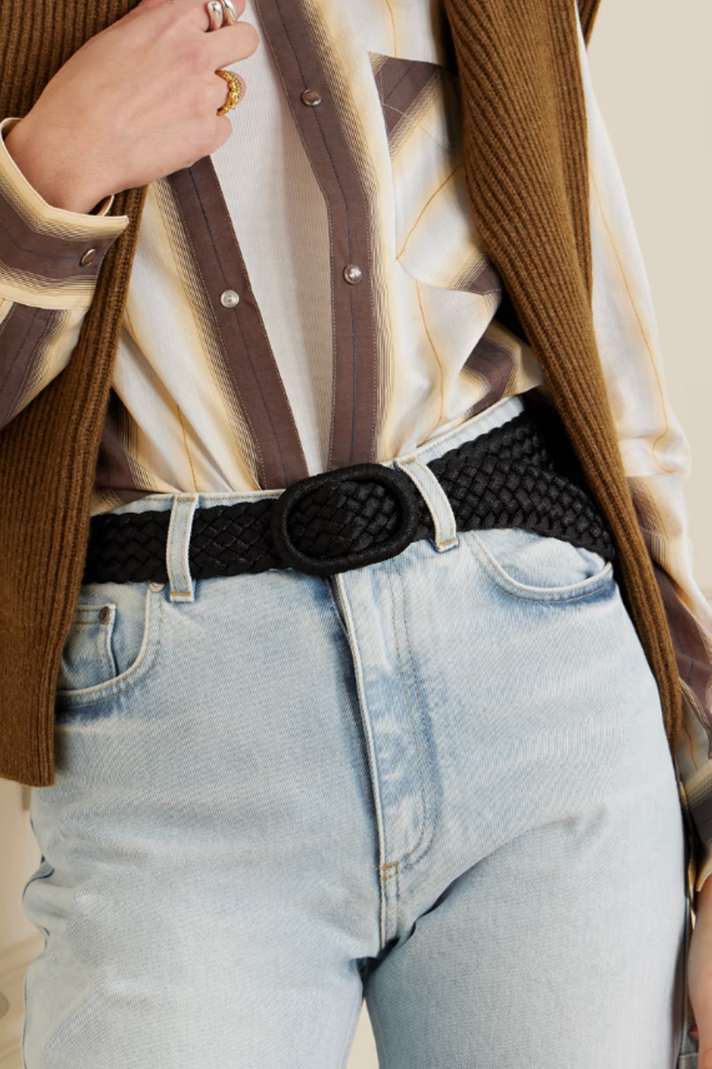Leather-Trimmed Woven Waist Belt