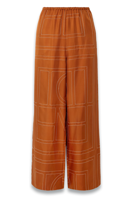 Embroidered Silk-Twill Wide-Leg Pants