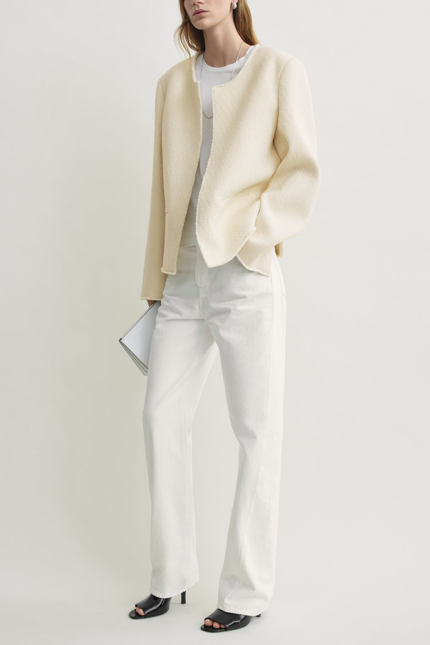 Open-front Bouclé Blazer in Ecru