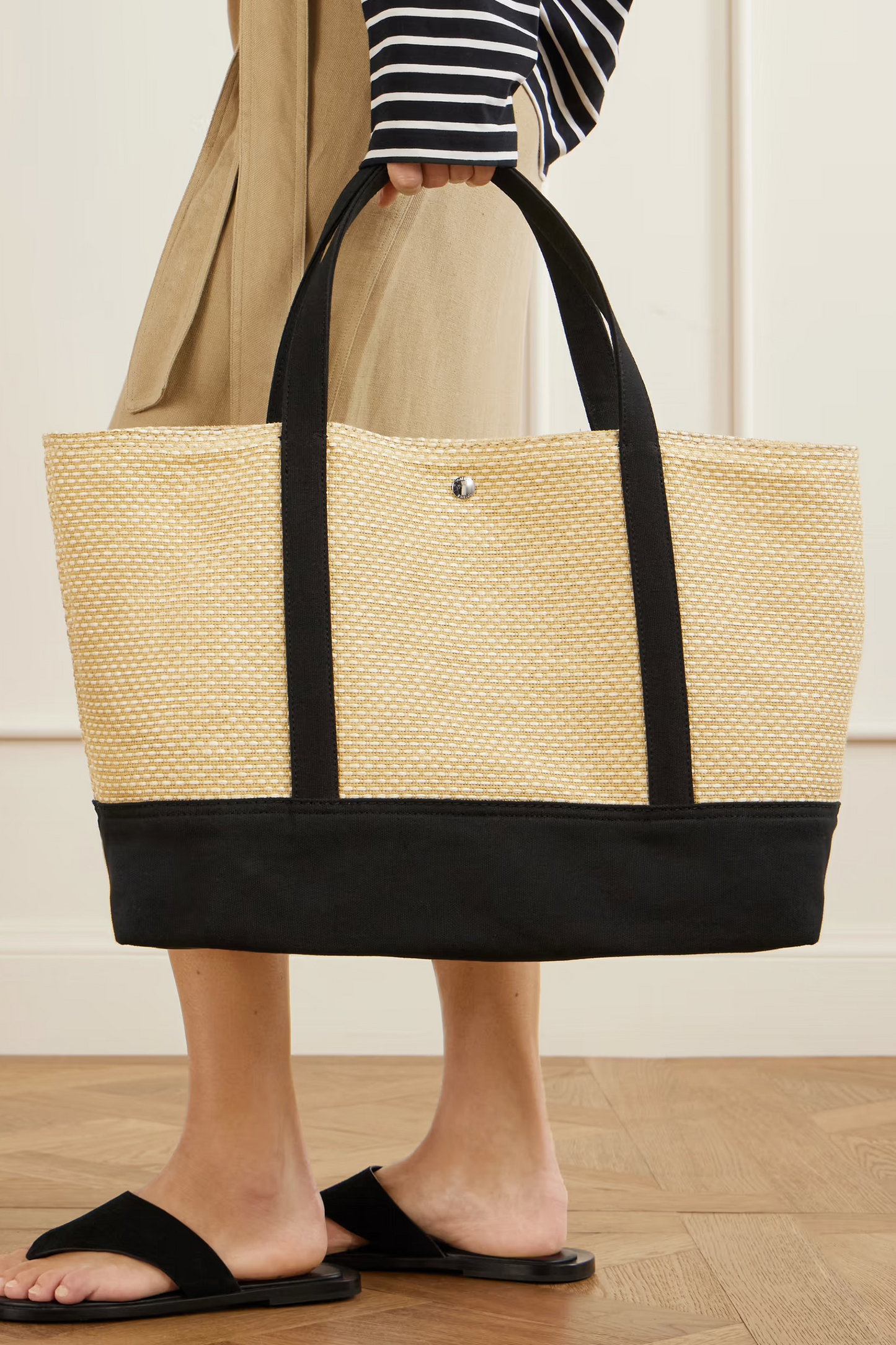 Canvas-trimmed Raffia Tote