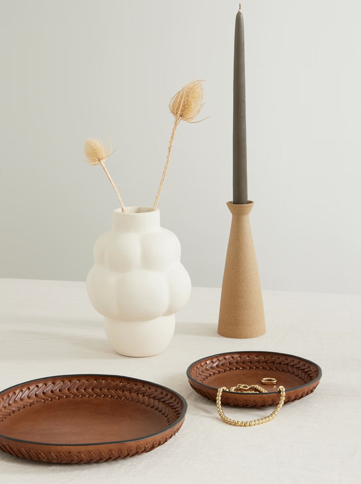 Set of Three Whipstitched Leather Trays