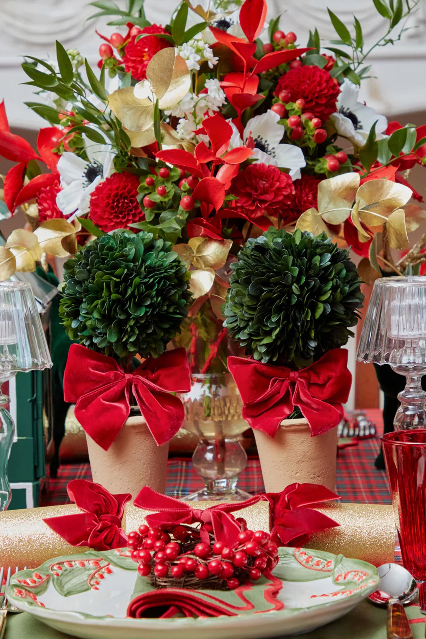 Red Ribboned Potted Boxwood Ball (Pair)