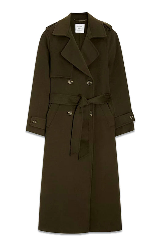 Hand Finished Wool Blend Trench Coat, Khaki