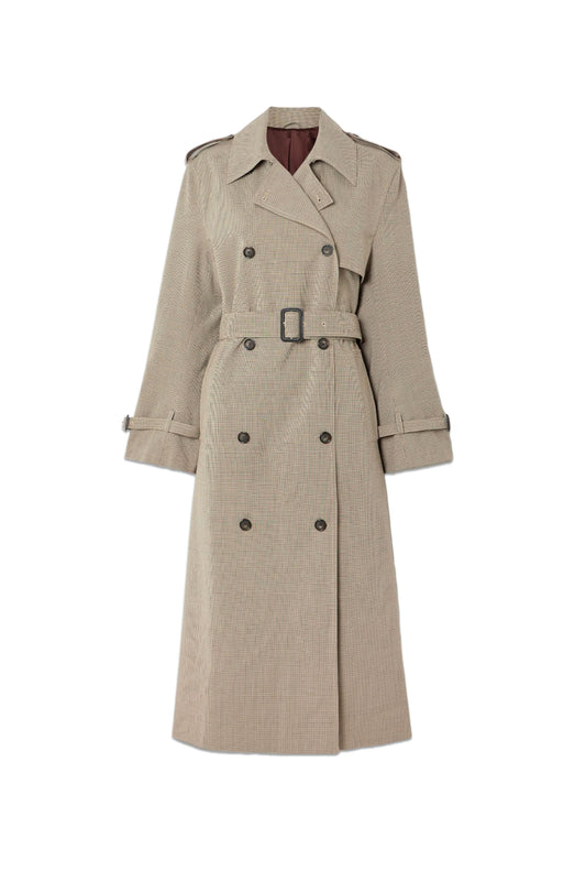 Belted Houndstooth Wool-Blend Trench Coat