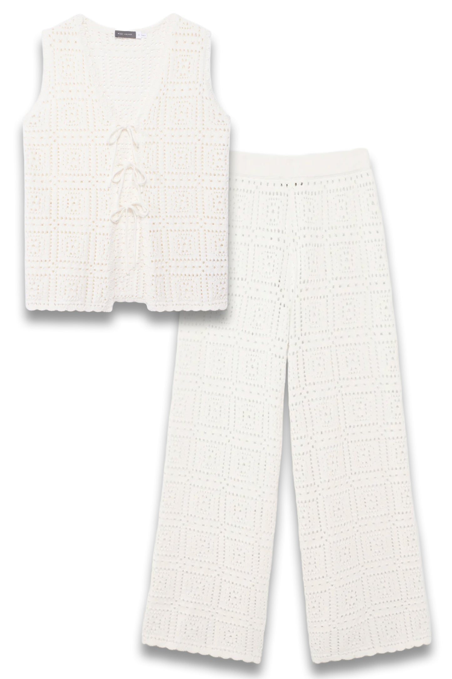 White Crochet Tie Waistcoat & Knit Trousers Set