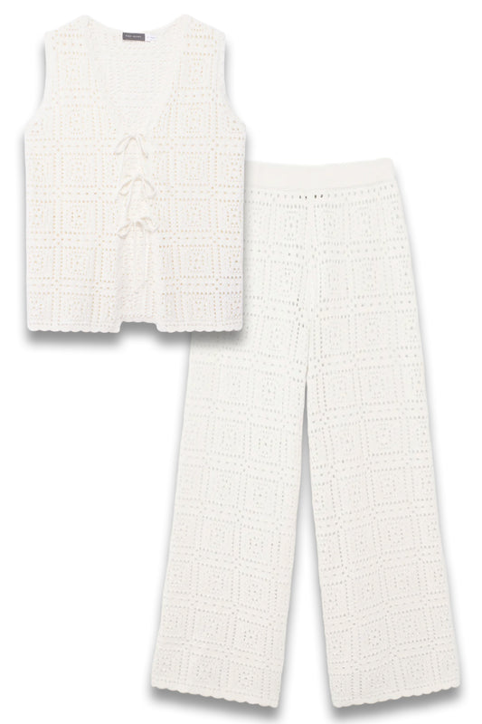 White Crochet Tie Waistcoat & Knit Trousers Set