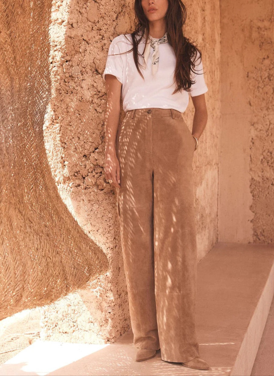 Neutral Suede Straight Trousers