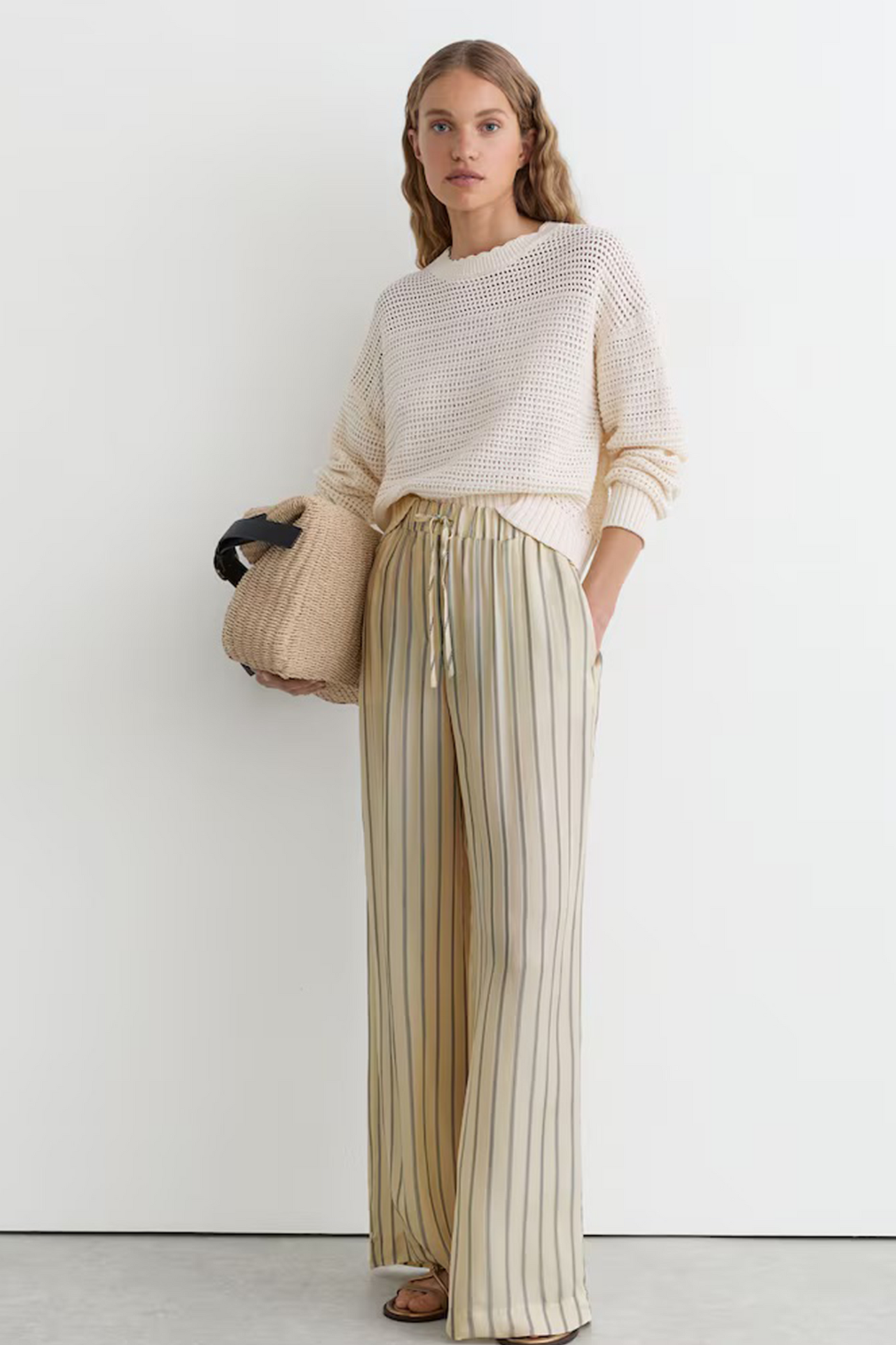 Lyocell Striped Wide-Leg Trousers in Neutral/Navy