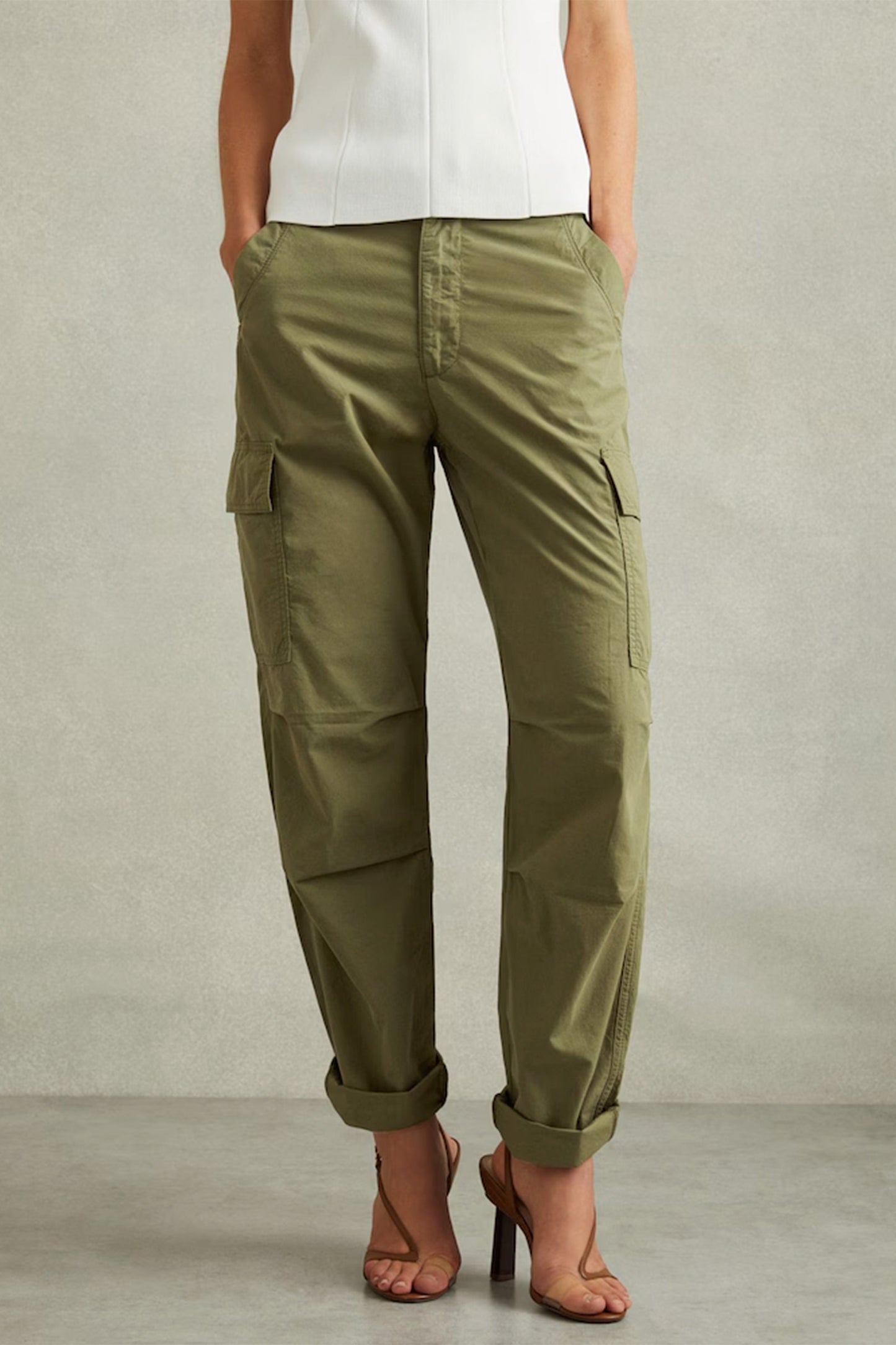Tapered Drawstring Cotton Combat Trousers in Khaki