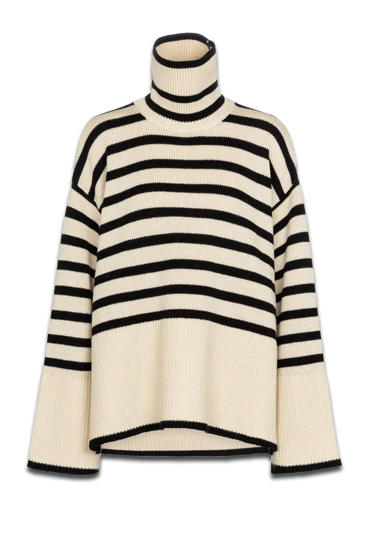 Striped Turtleneck Wool-blend Sweater In Beige And Black