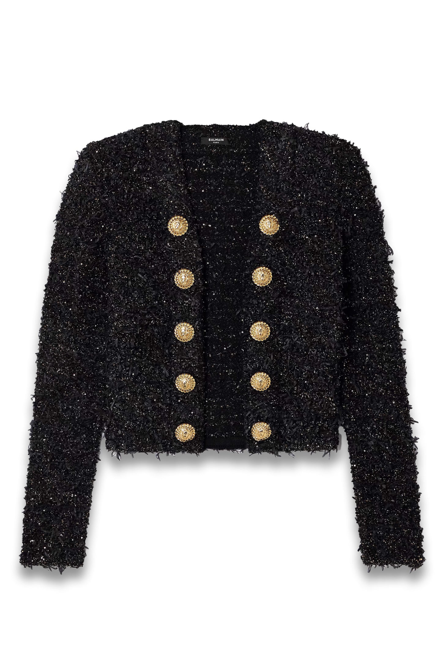 Button-embellished sequined metallic bouclé-tweed jacket