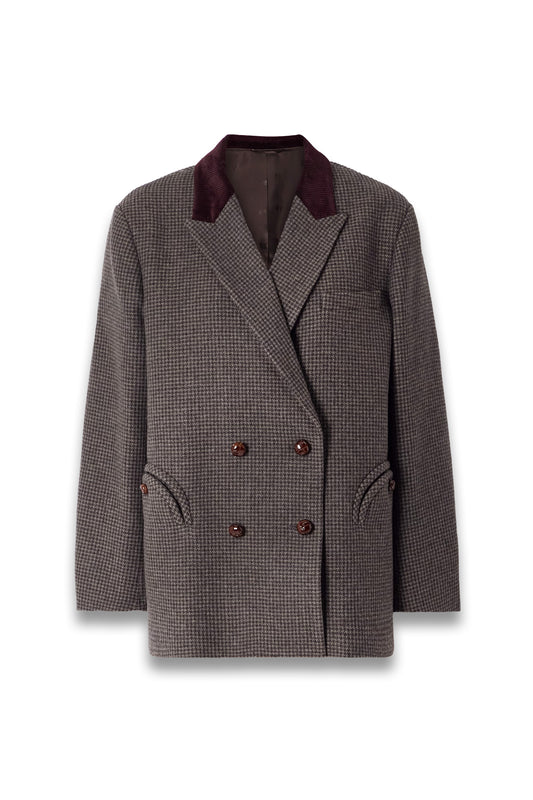 Double-breasted corduroy-trimmed houndstooth wool-blend blazer