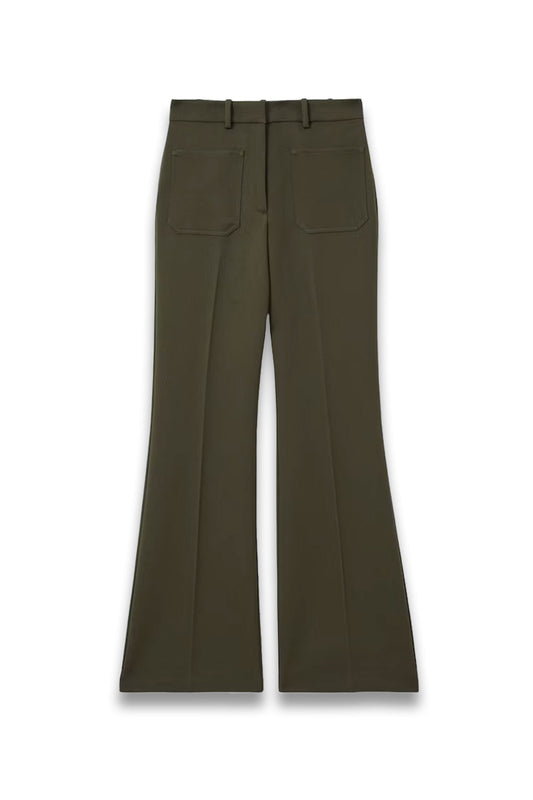 Priya Twill High-Rise Flared Trousers in Green
