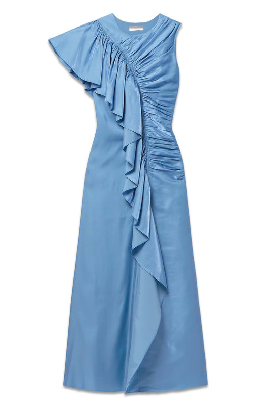 Lali Ruched Ruffled Metallic Chiffon Gown