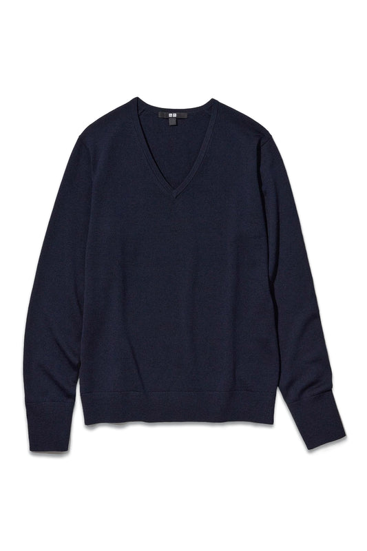 100% Extra Fine Merino V Neck Jumper Navy